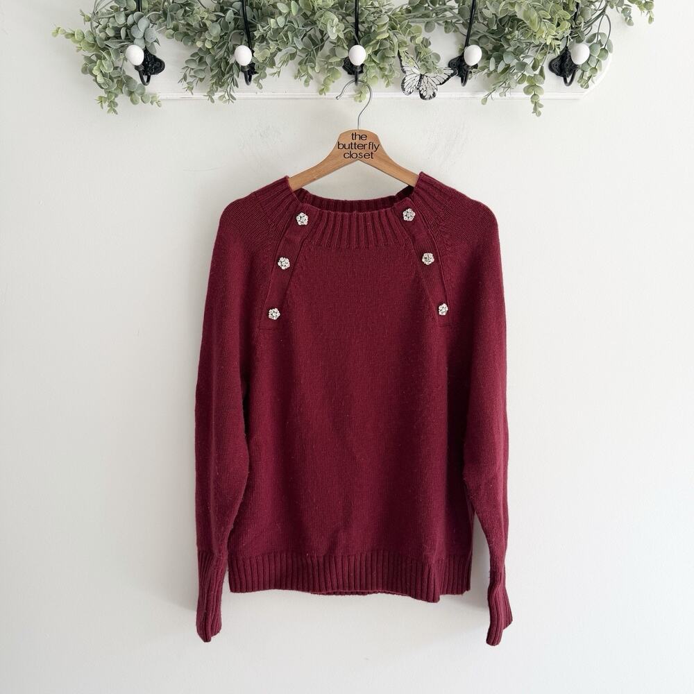 J. Crew Crewneck Sweater with Jeweled Buttons in Heather Burgundy Women’s Large